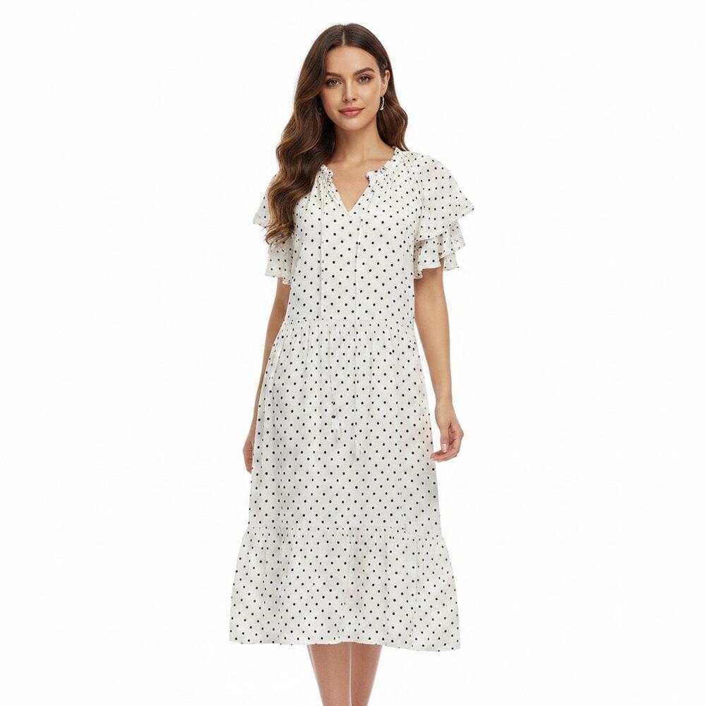 Old Navy White Polka Dot Ruffle Midi Dress 2x Cottagecore Coquette French Summer